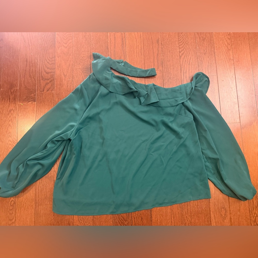 Women’s Plus SHEIN Sz 3x Long Sleeve One Shoulder Ruffle Green Blouse Shirt